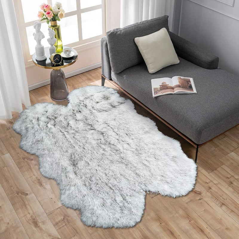 Carvapet 3x5 Faux Sheepskin Area Rug â€“ Soft Fluffy White with Black Tips 3 x 5 Plush Fur Carpet, Shaggy Floor Mat for Bedroom, Living Room, Sofa or Bedside Decor - Image 1
